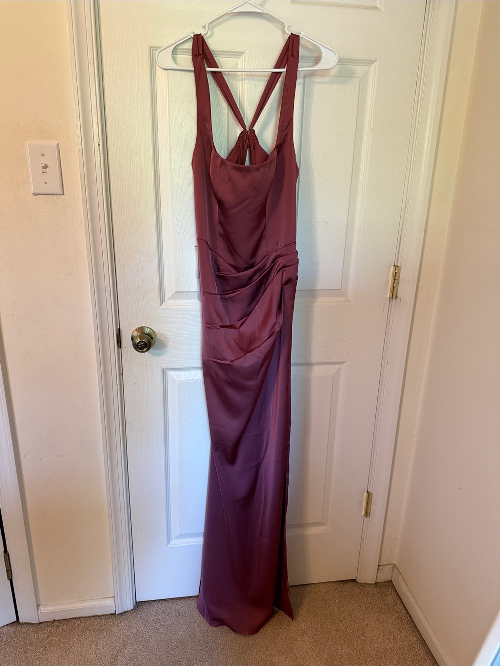 Azazie Mauve Satin Maxi Dress with Draped Waist and Cross Back